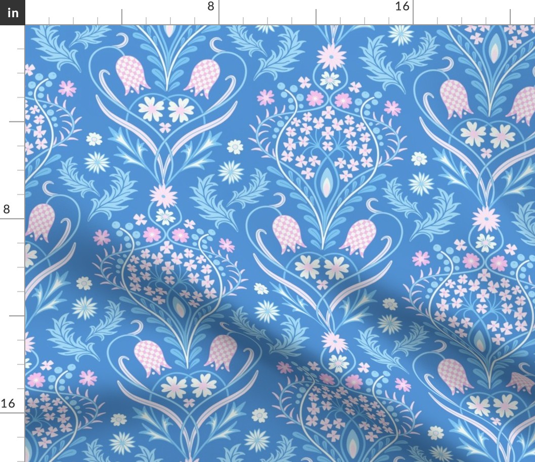 Art Nouveau fritillary acanthus damask wallpaper scale blue pink by Pippa Shaw