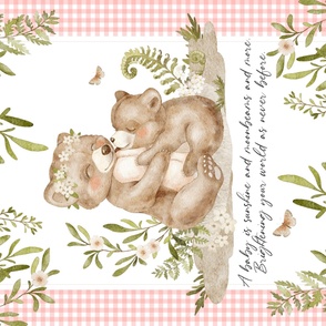 54” x 36” MINKY Mama + Baby Bear Blanket Panel, Pink Girls Floral Animal Bedding, FABRIC REQUIRED IS 54” or WIDER 
