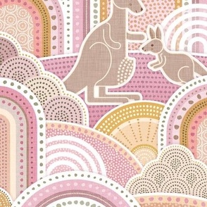 Mama Kangaroo- Warm Pastel Colors- Medium- Australia- Animals- Australian Wildlife- Pink- Mauve- Peach- Earth Tones- Baby Girl Wallpaper- Kangaroo Fabric
