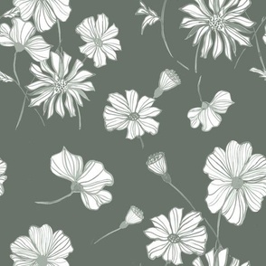 Line Art Poppies on Mineral Green, White and Green Floral Wallpaper