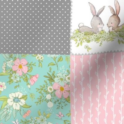 4 1/2" Love Some Bunny Patchwork Blanket Quilt, Cute Bunnies + Flowers for Girls, GL-quilt D