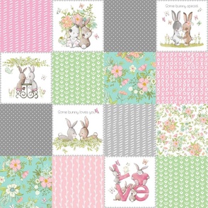 4 1/2" Love Some Bunny Patchwork Blanket Quilt, Cute Bunnies + Flowers for Girls, GL-quilt D