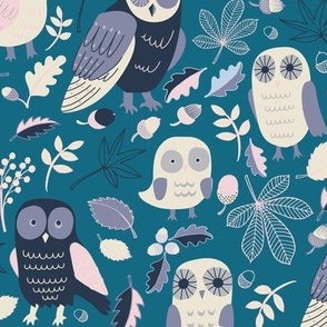 Owls in Autumn - Very Peri, Navy and white on teal - Small scale