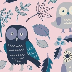 Owls in Autumn - Teal and Very Peri Lilac on Cotton Candy - Large scale