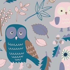 Owls in Autumn - Cotton Candy, teal and tan on grey - Medium Large