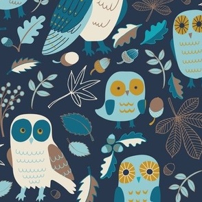 Owls in Autumn - Mustard, turquoise and teal on navy - Medium