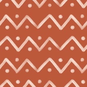 Hand drawn mudcloth design with zigzag lines and dots in rust, large