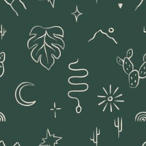 Hand drawn line art mudcloth design with mosntera leaves, desert moon in green, MEDIUM