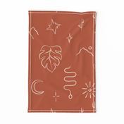 Hand drawn line art mudcloth design with mosntera leaves, desert moon in rust, large
