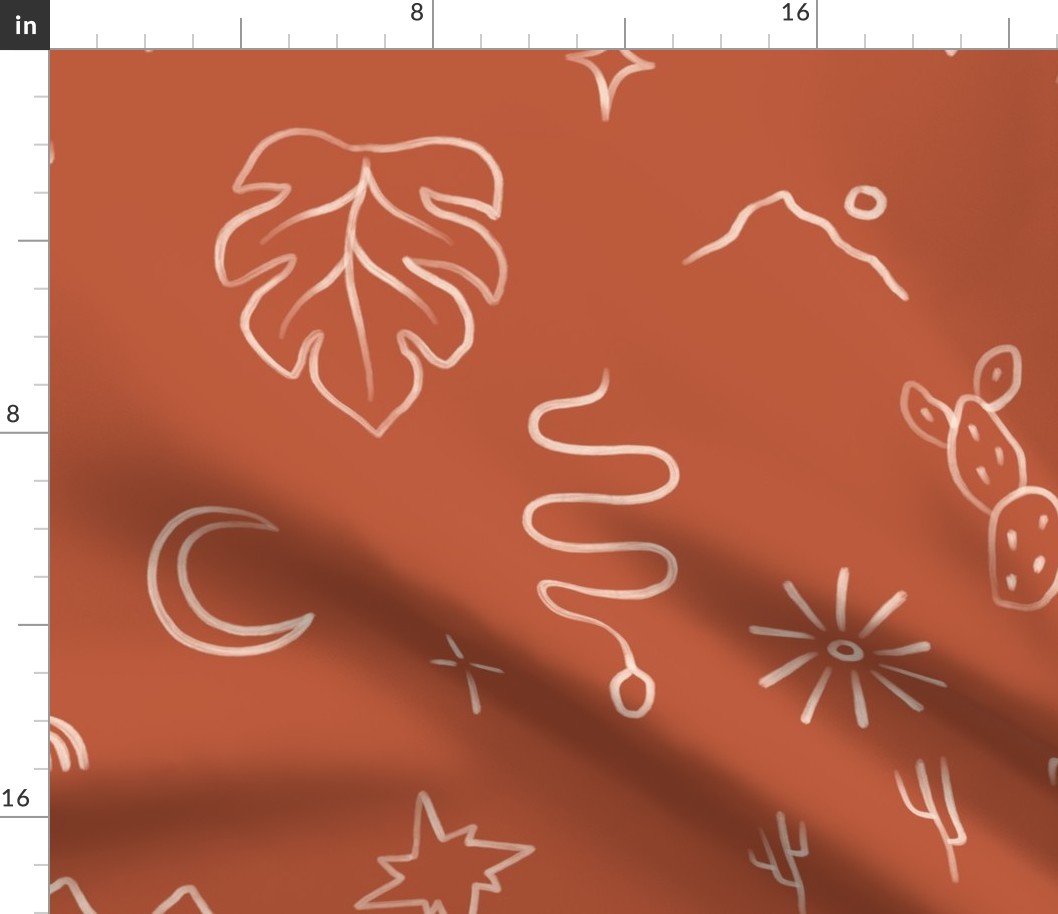 Hand drawn line art mudcloth design with mosntera leaves, desert moon in rust, large