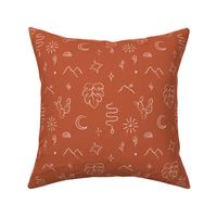 Hand drawn line art mudcloth design with mosntera leaves, desert moon in rust, small
