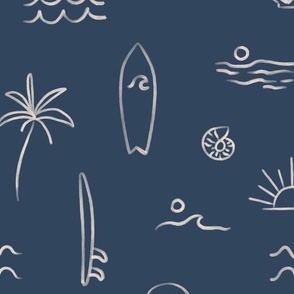 Hand drawn line art mudcloth design, summer beach in blue,large