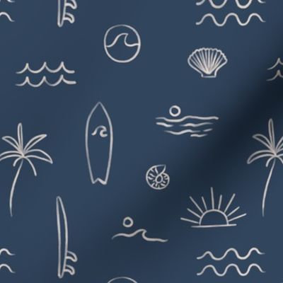 Hand drawn line art mudcloth design, summer beach in blue, small