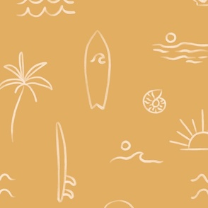 Hand drawn line art mudcloth design, summer beach in golden yellow, large