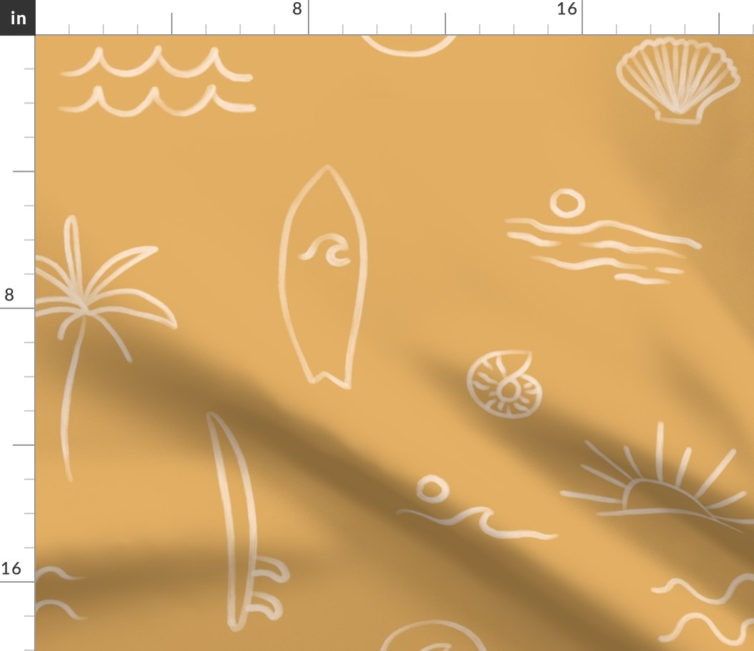 Hand drawn line art mudcloth design, summer beach in golden yellow, large