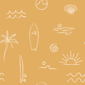 Hand drawn line art mudcloth design, summer beach in golden yellow, medium