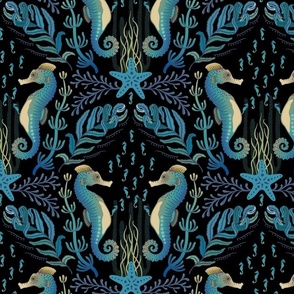 Pocket for baby seahorses - colourful pregnant male seahorse  damask - blue, green on black - medium