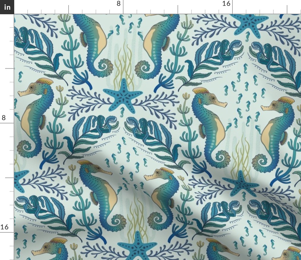 Pocket for baby seahorses - pregnant male seahorse  damask - blue on dusty green - medium