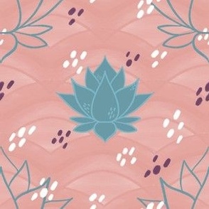 Serene Asian Lotus on Scalloped Waves - Salmon/Teal Small