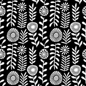 Folk Round Flowers Block Print coordinate black and white