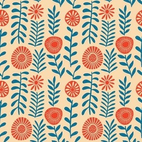 Folk Round Flowers Block Print coordinate retro color blue and red