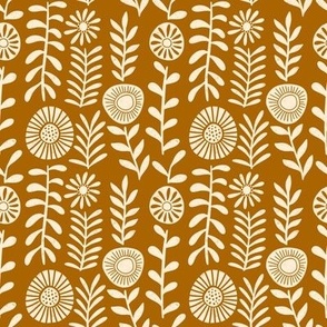 Folk Round Flowers Block Print coordinate on burnt sienna