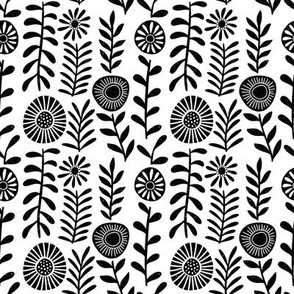 Folk Round Flowers Block Print coordinate white and black
