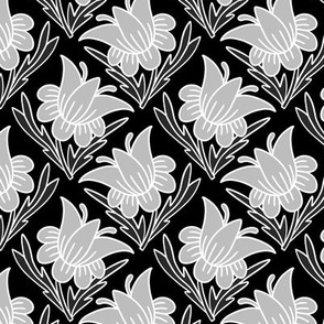 Vintage Folk Tulips Block Print black and white