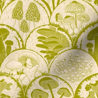 Woodland Botanical Mushroom scallop Block Print retro green