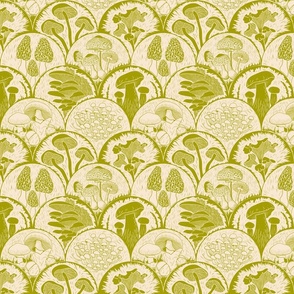 Woodland Botanical Mushroom scallop Block Print retro green