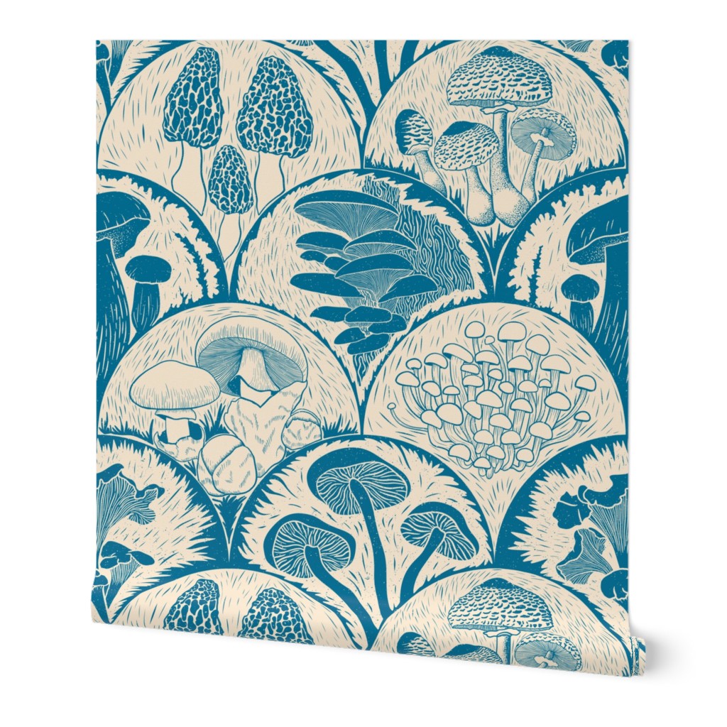 Woodland Botanical Mushroom scallop Block Print retro blue