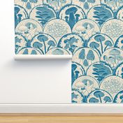 Woodland Botanical Mushroom scallop Block Print retro blue