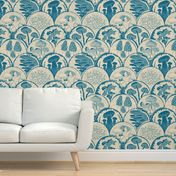 Woodland Botanical Mushroom scallop Block Print retro blue