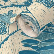 Woodland Botanical Mushroom scallop Block Print retro blue