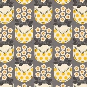 Pattern 0724 - flowers in my pockets, yellow /grey