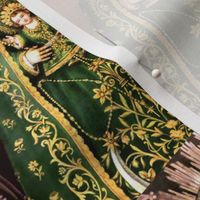 13 green cape mantle Jesus Christ Virgin Mary Christianity Catholic religious mother Madonna child baby crown floral flowers crescent moon rosary brown halo archway gown dress flowers motherhood gold embroidery beautiful lady woman Victorian 17th century 