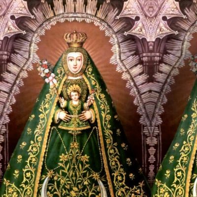 13 green cape mantle Jesus Christ Virgin Mary Christianity Catholic religious mother Madonna child baby crown floral flowers crescent moon rosary brown halo archway gown dress flowers motherhood gold embroidery beautiful lady woman Victorian 17th century 