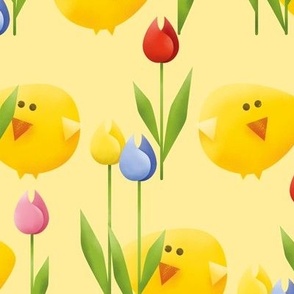 Easter Chicks & Tulips I M size I 12" I on Yellow