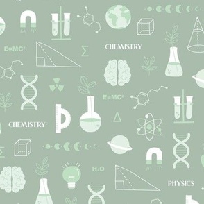 Modern boho Science student design with dna chemistry and physics icons brain nerd and collega classroom illustrations pastel beige white on sage green