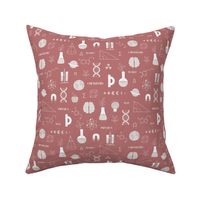 Little Scientist - Modern boho Science student design with dna chemistry and physics icons brain nerd and collega classroom illustrations pastel beige white on coral vintage red