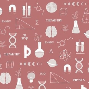 Little Scientist - Modern boho Science student design with dna chemistry and physics icons brain nerd and collega classroom illustrations pastel beige white on coral vintage red
