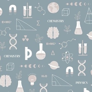 Modern boho Science student design with dna chemistry and physics icons brain nerd and collega classroom illustrations pastel beige white on moody blue