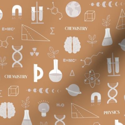 Little Scientist - Modern boho Science student design with dna chemistry and physics icons brain nerd and collega classroom illustrations pastel beige white on caramel burnt orange