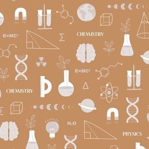 Modern boho Science student design with dna chemistry and physics icons brain nerd and collega classroom illustrations pastel beige white on caramel burnt orange