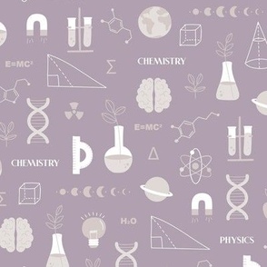 Modern boho Science student design with dna chemistry and physics icons brain nerd and collega classroom illustrations pastel beige white on berry purple 