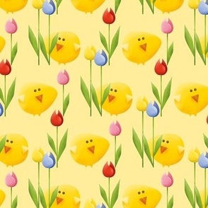 Easter Chicks & Tulips I S size I 6" I on Yellow