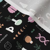 Little Scientist - Modern boho Science student design with dna chemistry and physics icons brain nerd and collega classroom illustrations pink mint orange on black night SMALL 