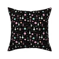 Little Scientist - Modern boho Science student design with dna chemistry and physics icons brain nerd and collega classroom illustrations pink mint orange on black night SMALL 