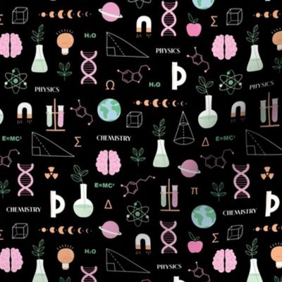 Little Scientist - Modern boho Science student design with dna chemistry and physics icons brain nerd and collega classroom illustrations pink mint orange on black night SMALL 