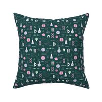 Little Scientist -  Modern boho Science student design with dna chemistry and physics icons brain nerd and collega classroom illustrations pink lilac on forest green SMALL